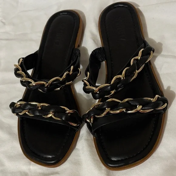 SCHUTZ Black Sandals flats with Gold Chain Detail - Picture 8 of 8